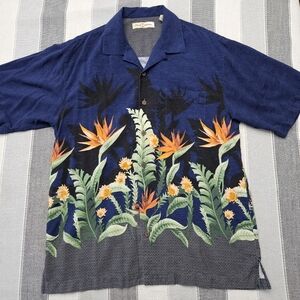 Tommy Bahama Blue and Orange Casual Button Down Shirt with Tropical Print